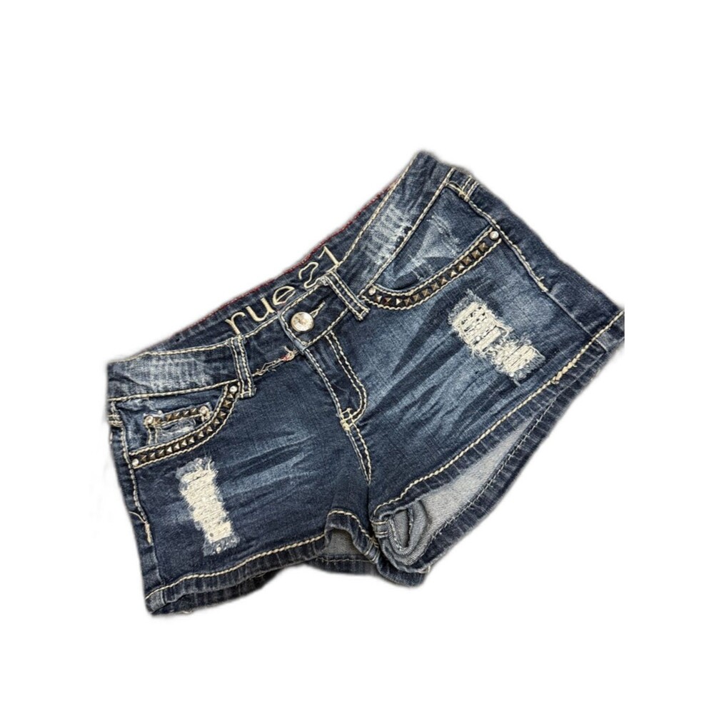Rue21 Dark Blue Distressed Denim Low-Rise Shorts